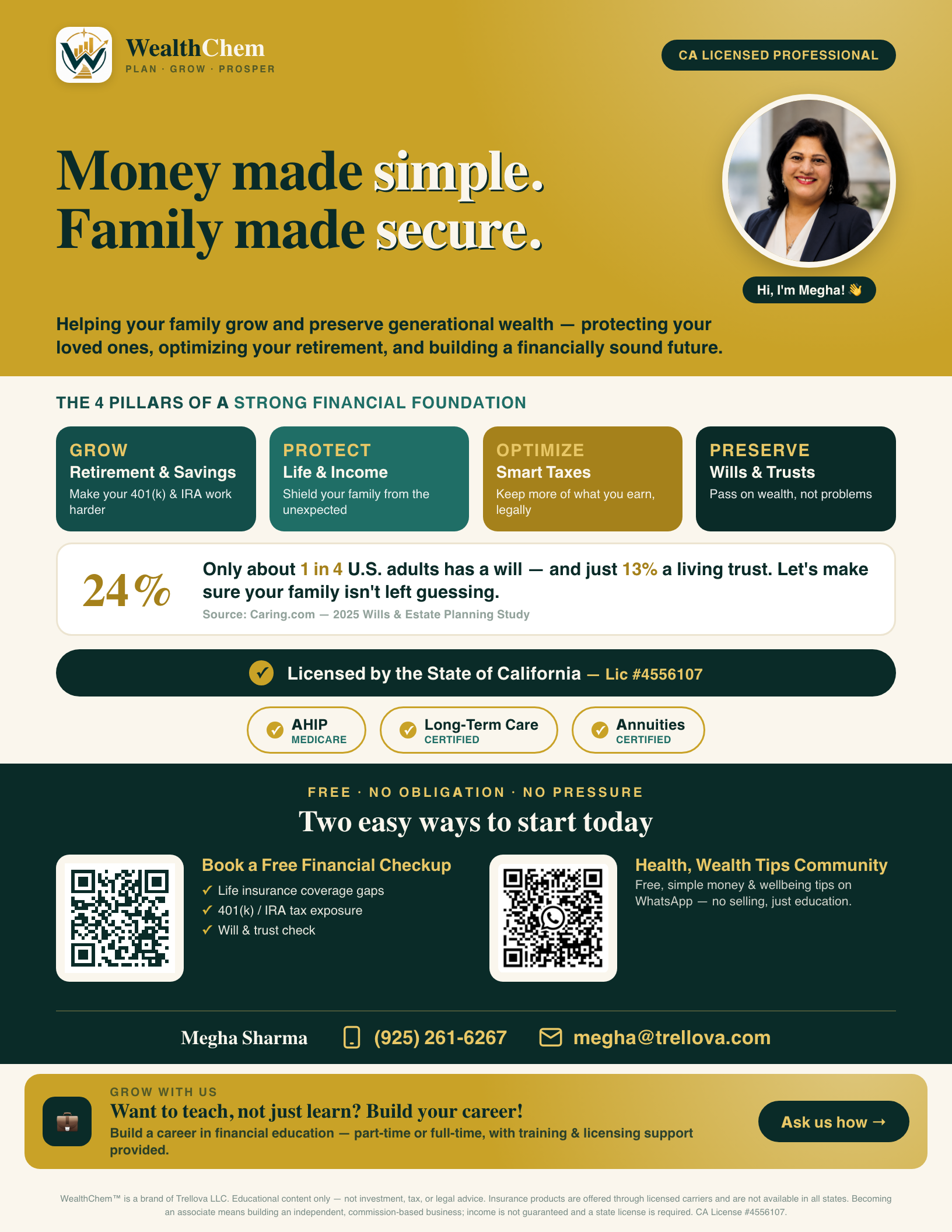 WealthChem community event flyer — services, CA license, and QR codes to connect
